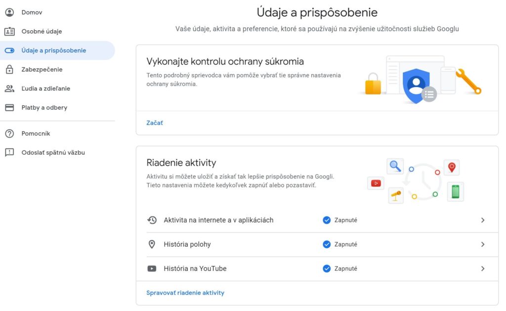 V nastaveniach vášho účtu si môžete pozrieť všetky dáta, ktoré má Google o vás uložené. Takisto si môžete nastaviť ich automatické mazanie