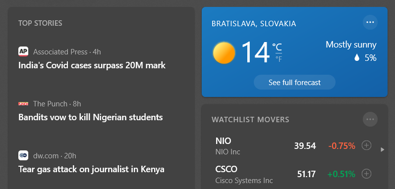 Prevažne jasno. Počasie vo Windows je na hlavnej lište