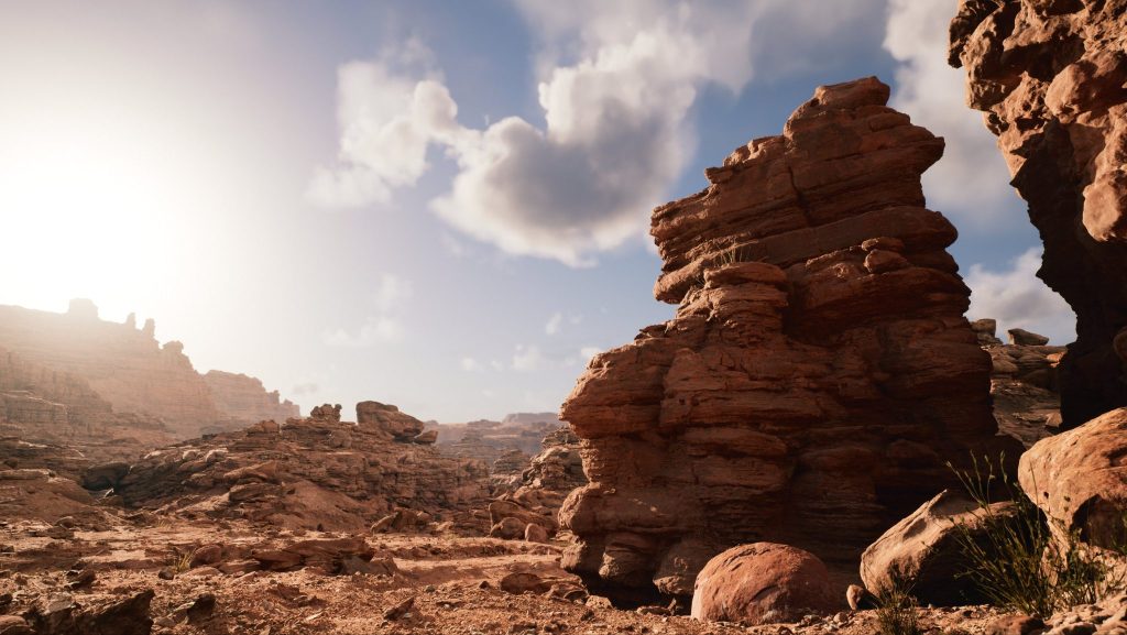 Unreal Engine 5 s vloženými Megascan modelmi skalísk, založenými na reálnych fotoskenoch